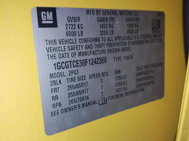 1GCGTCE38F1242368 - 2015 CHEVROLET COLORADO Z YELLOW photo 10