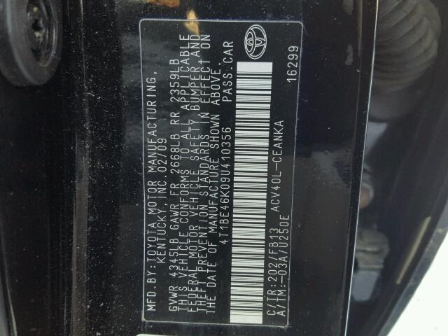 4T1BE46K09U410356 - 2009 TOYOTA CAMRY BASE BLACK photo 10