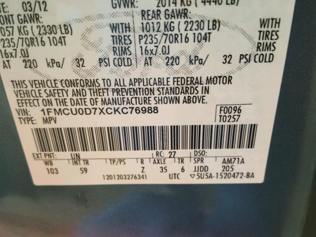 1FMCU0D7XCKC76988 - 2012 FORD ESCAPE XLT BLUE photo 10