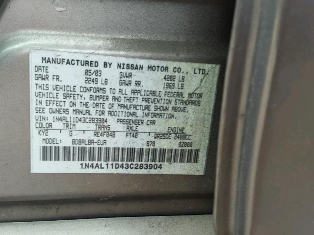 1N4AL11D43C283904 - 2003 NISSAN ALTIMA BAS GOLD photo 10