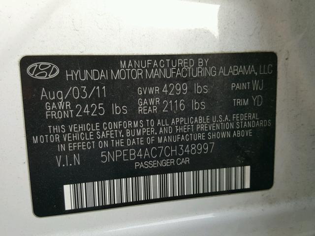 5NPEB4AC7CH348997 - 2012 HYUNDAI SONATA GLS WHITE photo 10