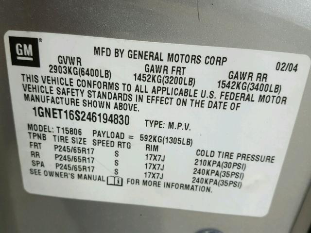 1GNET16S246194830 - 2004 CHEVROLET TRAILBLAZE SILVER photo 10