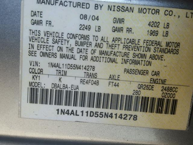 1N4AL11D55N414278 - 2005 NISSAN ALTIMA S SILVER photo 10