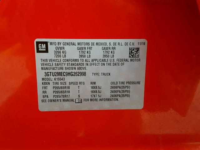 3GTU2MEC9HG262998 - 2017 GMC SIERRA K15 RED photo 10