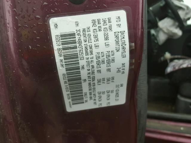 3C4FY48B43T625153 - 2003 CHRYSLER PT CRUISER MAROON photo 10