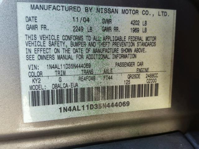 1N4AL11D35N444069 - 2005 NISSAN ALTIMA S TAN photo 10