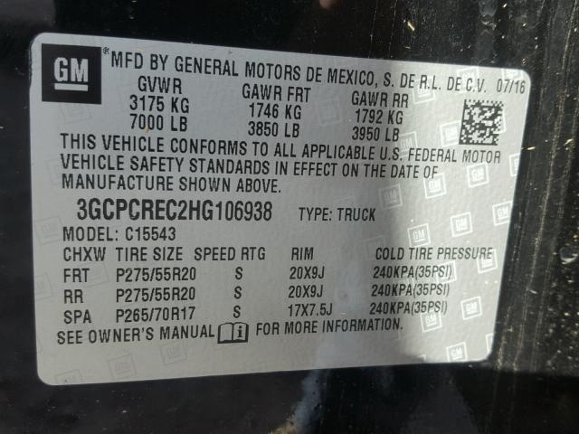 3GCPCREC2HG106938 - 2017 CHEVROLET SILVERADO BLACK photo 10