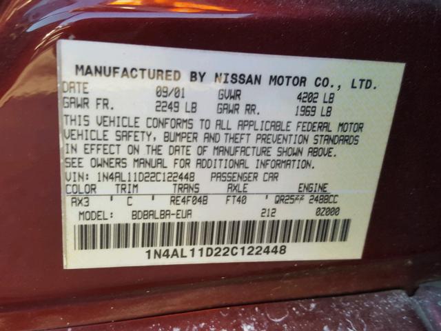 1N4AL11D22C122448 - 2002 NISSAN ALTIMA BAS RED photo 10