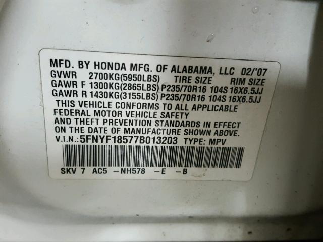 5FNYF18577B013203 - 2007 HONDA PILOT EXL WHITE photo 10