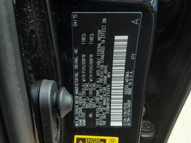 5TDBKRFH4FS154916 - 2015 TOYOTA HIGHLANDER BLACK photo 10