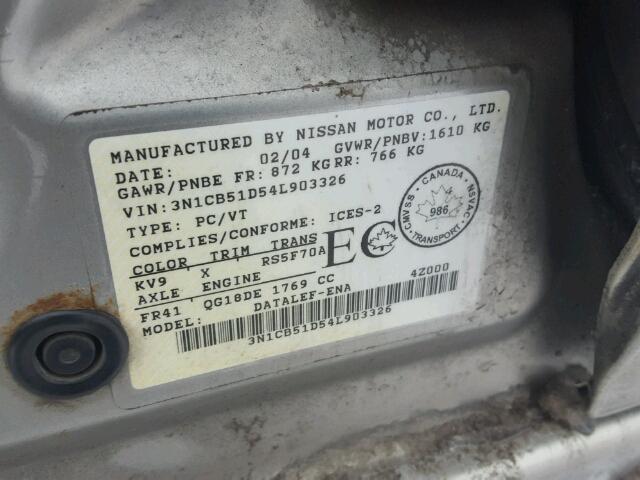 3N1CB51D54L903326 - 2004 NISSAN SENTRA 1.8 BEIGE photo 10