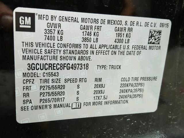 3GCUCREC8FG497318 - 2015 CHEVROLET SILVERADO BLACK photo 10