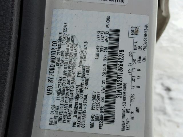 3LNHM28T18R642378 - 2008 LINCOLN MKZ WHITE photo 10