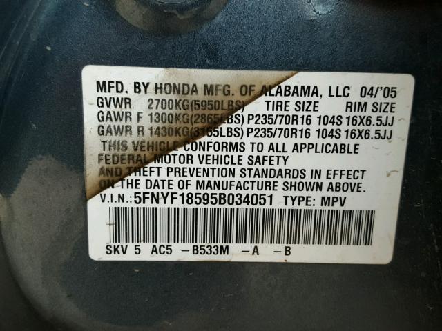 5FNYF18595B034051 - 2005 HONDA PILOT EXL BLUE photo 10