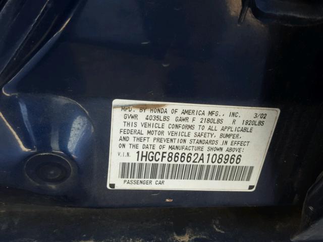 1HGCF86662A108966 - 2002 HONDA ACCORD VAL BLUE photo 10