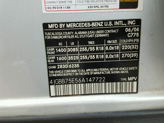 4JGBB75E56A147722 - 2006 MERCEDES-BENZ ML 500 SILVER photo 10