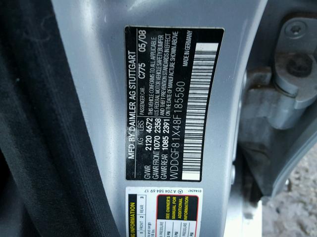 WDDGF81X48F185580 - 2008 MERCEDES-BENZ C 300 4MAT SILVER photo 10