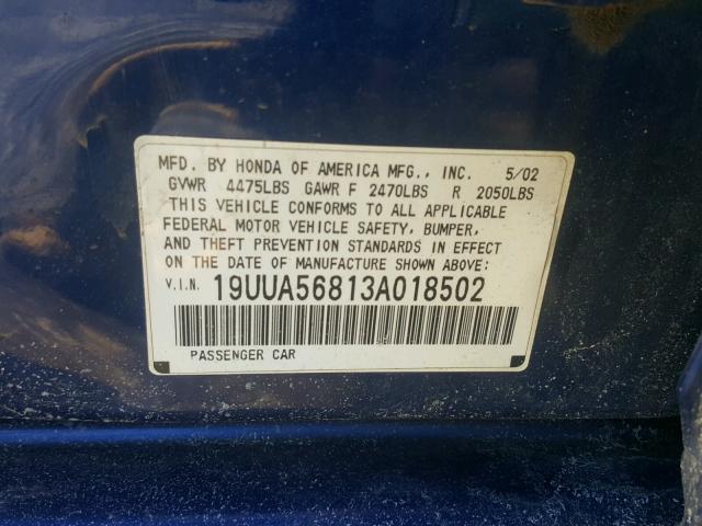 19UUA56813A018502 - 2003 ACURA 3.2TL TYPE BLUE photo 10