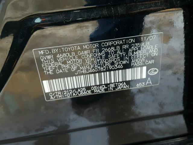 JTHBJ46G782190346 - 2008 LEXUS ES 350 BLACK photo 10