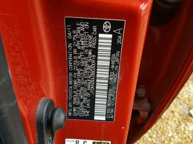 JTDKN3DU3B0300918 - 2011 TOYOTA PRIUS RED photo 10