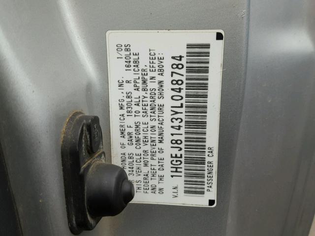 1HGEJ8143YL048784 - 2000 HONDA CIVIC EX SILVER photo 10