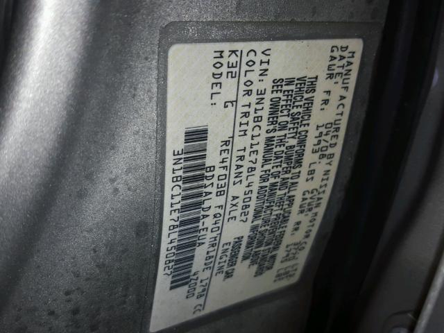 3N1BC11E78L450827 - 2008 NISSAN VERSA S SILVER photo 10