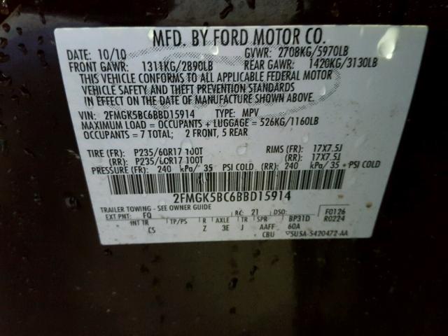 2FMGK5BC6BBD15914 - 2011 FORD FLEX SE PURPLE photo 10