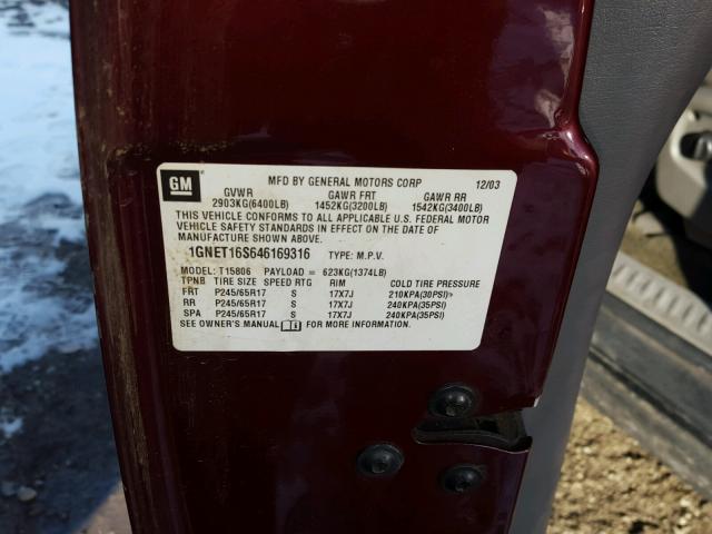 1GNET16S646169316 - 2004 CHEVROLET TRAILBLAZE MAROON photo 10