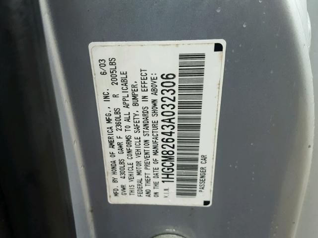 1HGCM82643A032306 - 2003 HONDA ACCORD EX SILVER photo 10