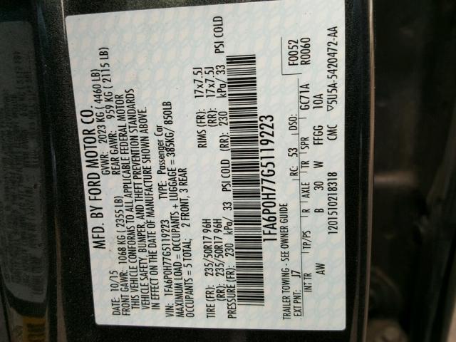 1FA6P0H77G5119223 - 2016 FORD FUSION SE GRAY photo 10