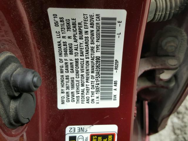 19XFA1F53AE062890 - 2010 HONDA CIVIC LX MAROON photo 10