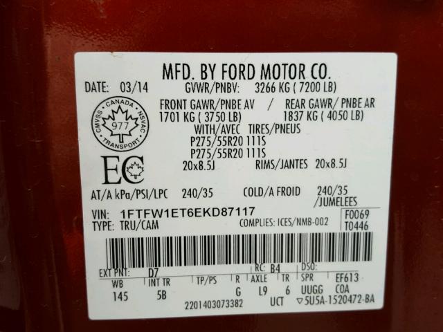 1FTFW1ET6EKD87117 - 2014 FORD F150 SUPER RED photo 10