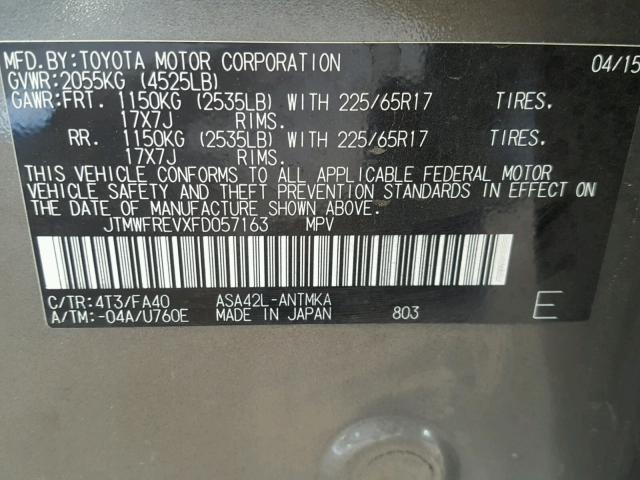 JTMWFREVXFD057163 - 2015 TOYOTA RAV4 XLE GRAY photo 10