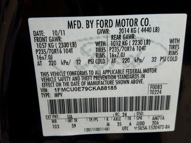 1FMCU0E79CKA88185 - 2012 FORD ESCAPE LIM BLACK photo 10