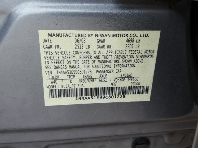 1N4AA51E99C801228 - 2009 NISSAN MAXIMA S SILVER photo 10