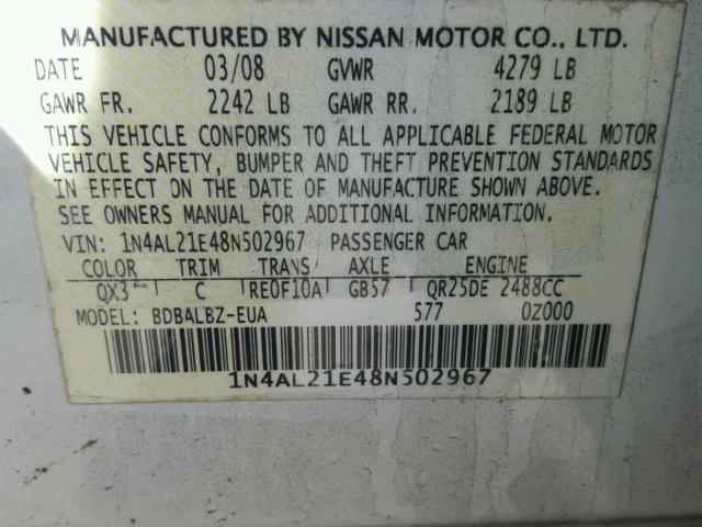 1N4AL21E48N502967 - 2008 NISSAN ALTIMA 2.5 WHITE photo 10