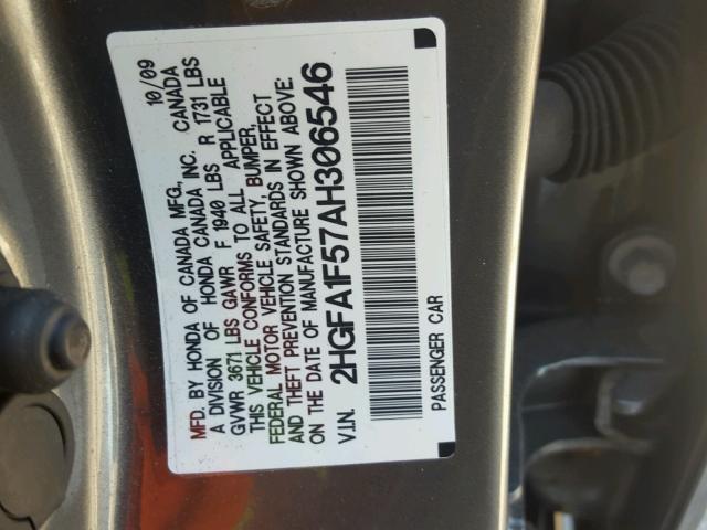 2HGFA1F57AH306546 - 2010 HONDA CIVIC LX GRAY photo 10