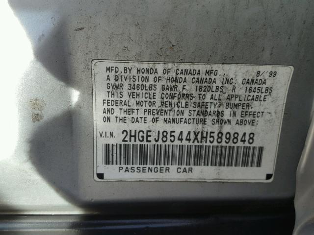 2HGEJ8544XH589848 - 1999 HONDA CIVIC EX 银色 照片 10