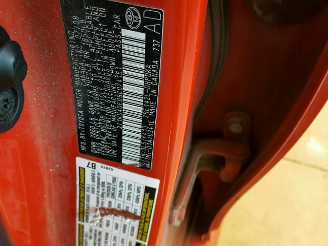 2T1KU40E09C074151 - 2009 TOYOTA COROLLA MA RED photo 10