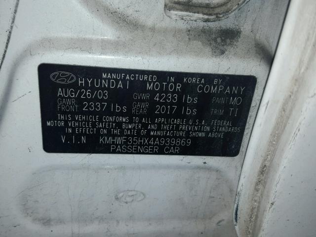 KMHWF35HX4A939869 - 2004 HYUNDAI SONATA GLS WHITE photo 10