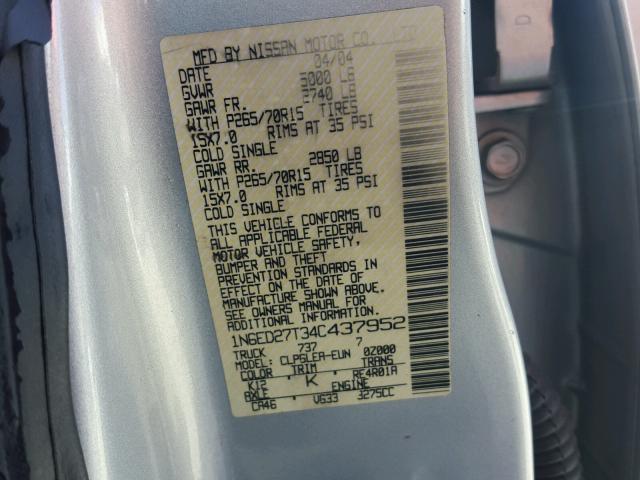 1N6ED27T34C437952 - 2004 NISSAN FRONTIER C SILVER photo 10