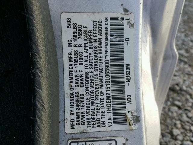 1HGEM21513L065900 - 2003 HONDA CIVIC LX SILVER photo 10