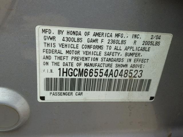 1HGCM66554A048523 - 2004 HONDA ACCORD EX SILVER photo 10