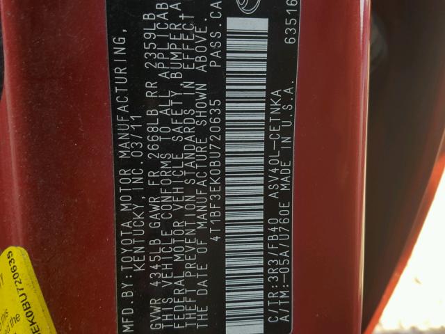4T1BF3EK0BU720635 - 2011 TOYOTA CAMRY BASE RED photo 10