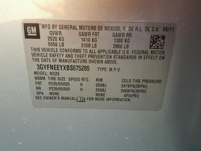 3GYFNEEYXBS675285 - 2011 CADILLAC SRX PERFOR SILVER photo 10