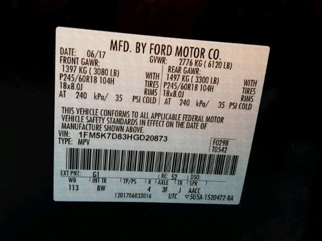 1FM5K7D83HGD20873 - 2017 FORD EXPLORER X BLACK photo 10