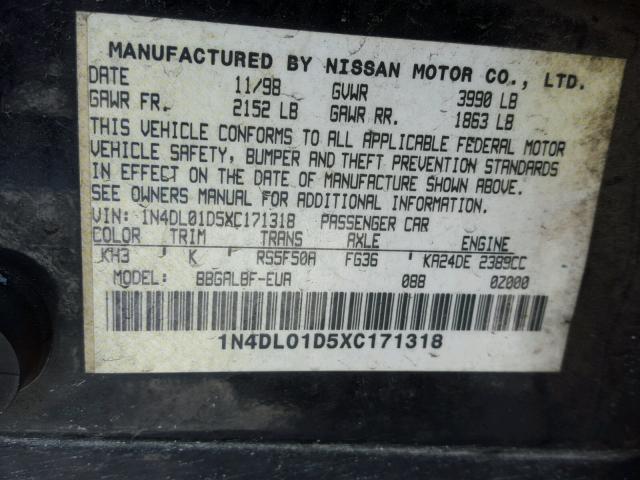 1N4DL01D5XC171318 - 1999 NISSAN ALTIMA XE BLACK photo 10