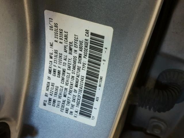 1HGCR2F70EA003485 - 2014 HONDA ACCORD EX SILVER photo 10