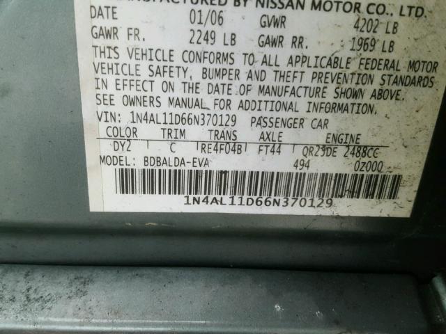 1N4AL11D66N370129 - 2006 NISSAN ALTIMA S GREEN photo 10