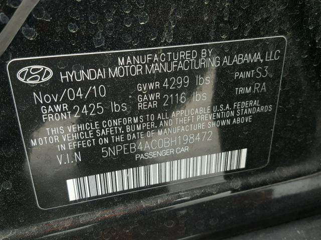 5NPEB4AC0BH198472 - 2011 HYUNDAI SONATA GLS BLACK photo 10